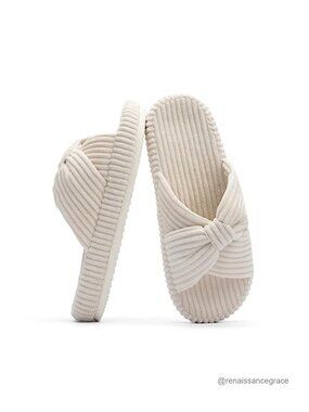 Memory Foam House Slippers Corduroy Bow Crossband Open Toe Comfy Indoor Outdoor